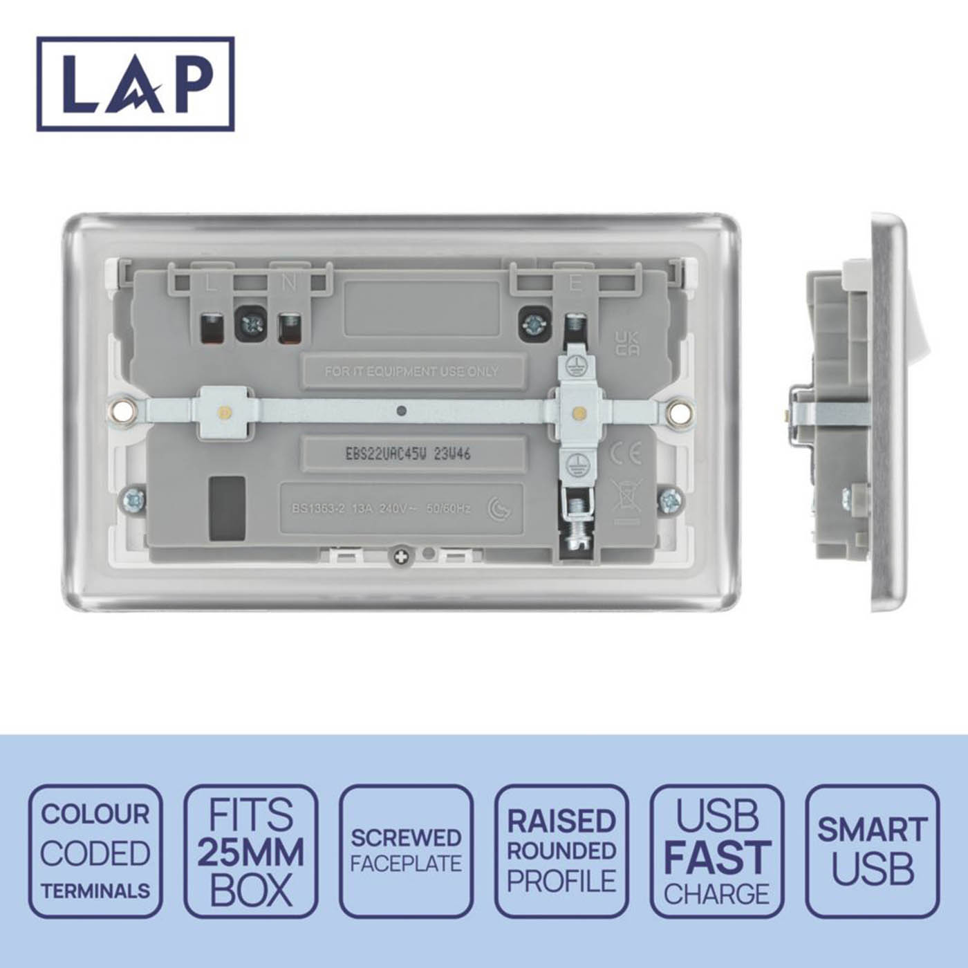 LAP Switched Socket 13A 2-Gang Type A&C USB Charger Brushed Steel White Inserts - Image 3