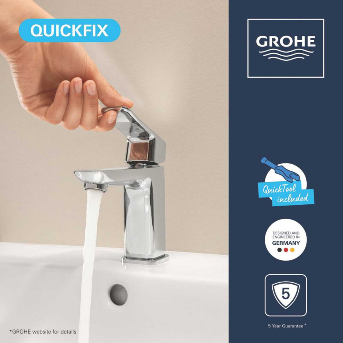 Grohe Dice Chrome 185mm Standard Lever Mono Basin Mixer Tap  With Clicker Waste - Image 5