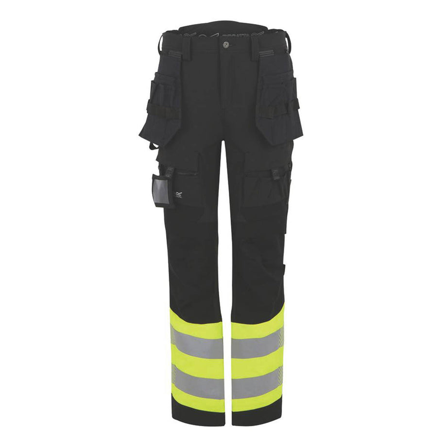 Regatta Hi Vis Work Trousers Mens Slim Fit Black Yellow Multi Pockets 38"W 32"L - Image 1