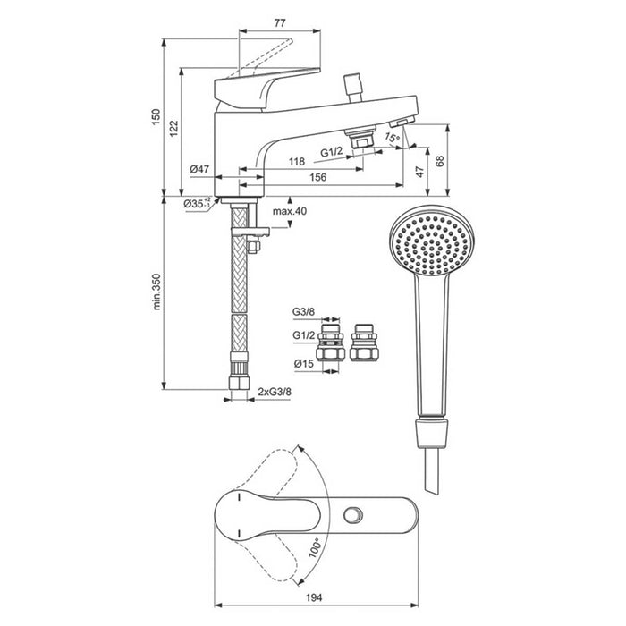 Bath Tap Mixer Shower Set Deck-Mounted Single Lever Chrome Round Head Modern - Image 4