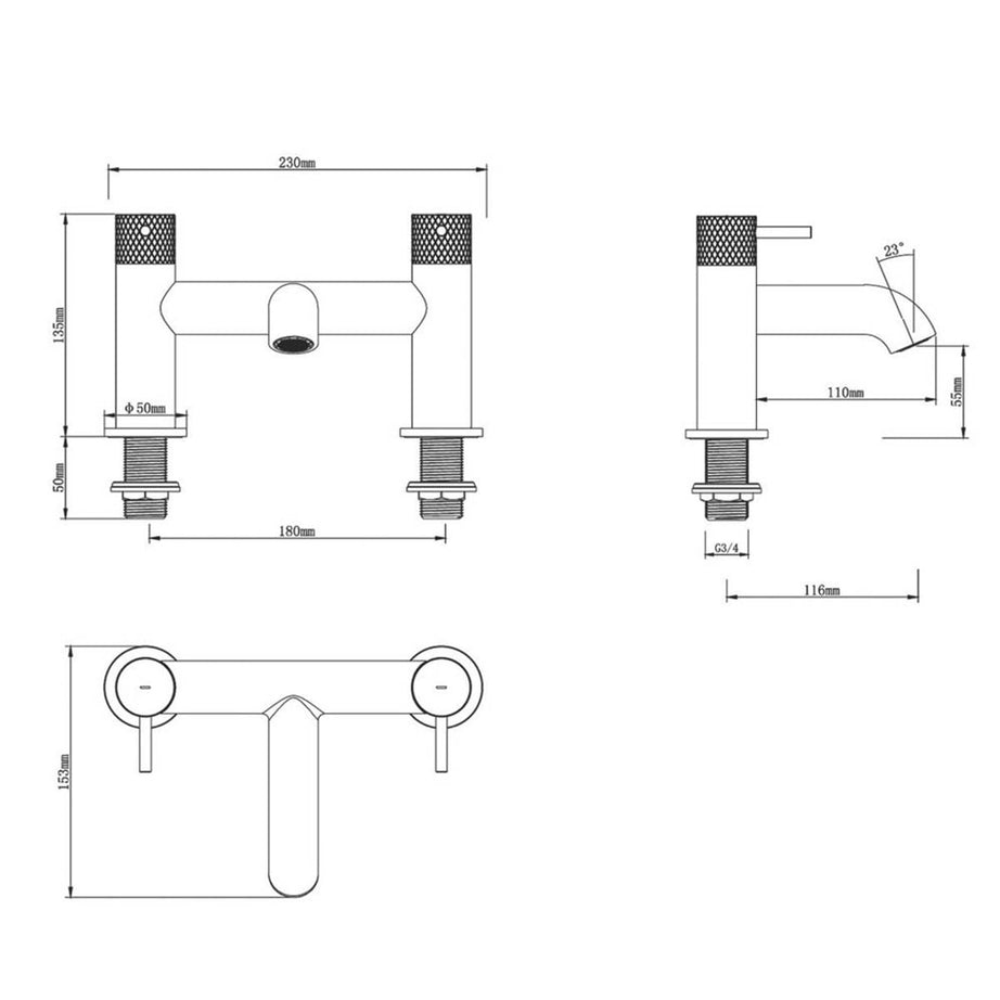 Swirl Bath Filler Mixer Tap Dual Lever Brass Chrome Deck Mounted Modern 185mm - Image 3