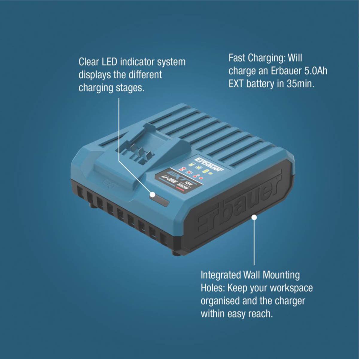 Erbauer Battery Charger Fast 18V Li-Ion EXT LED Lights Quiet Powerful Compact - Image 3