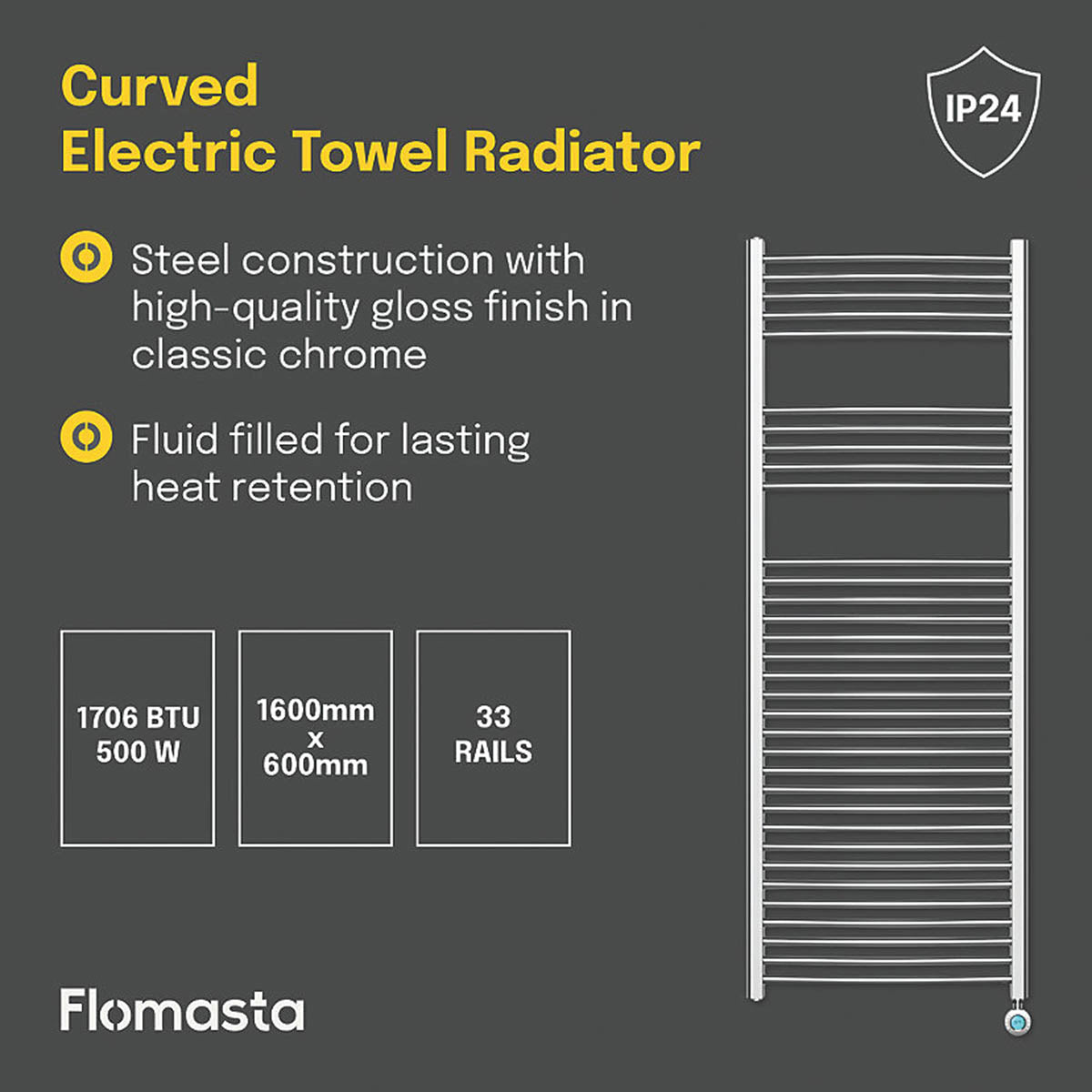 Flomasta Electric Towel Rail Radiator Chrome Curved Bathroom Warmer H160xW60cm - Image 3
