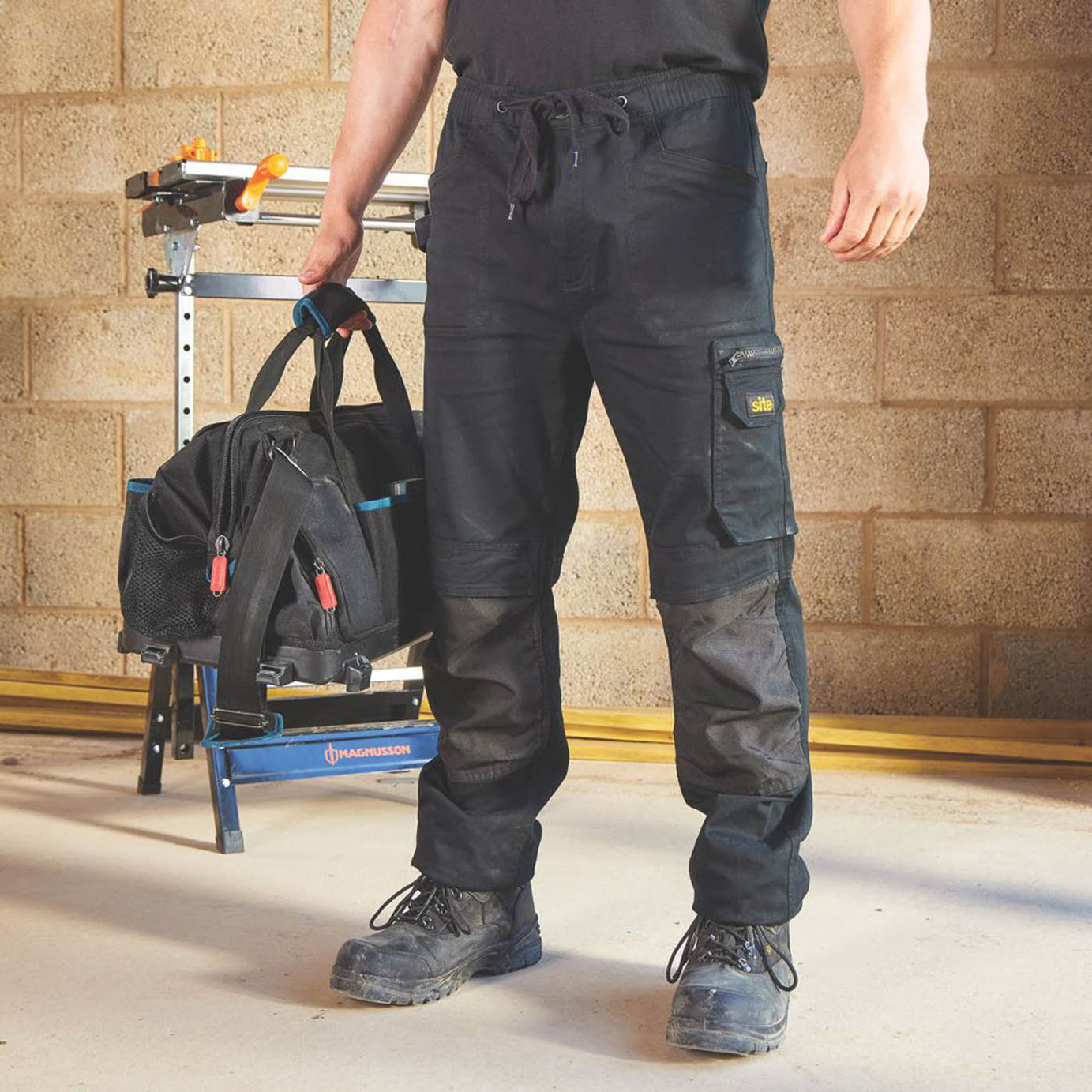Site Mens Work Trousers Black 6 Pockets Stretch Breathable 30" W 32" L - Image 3