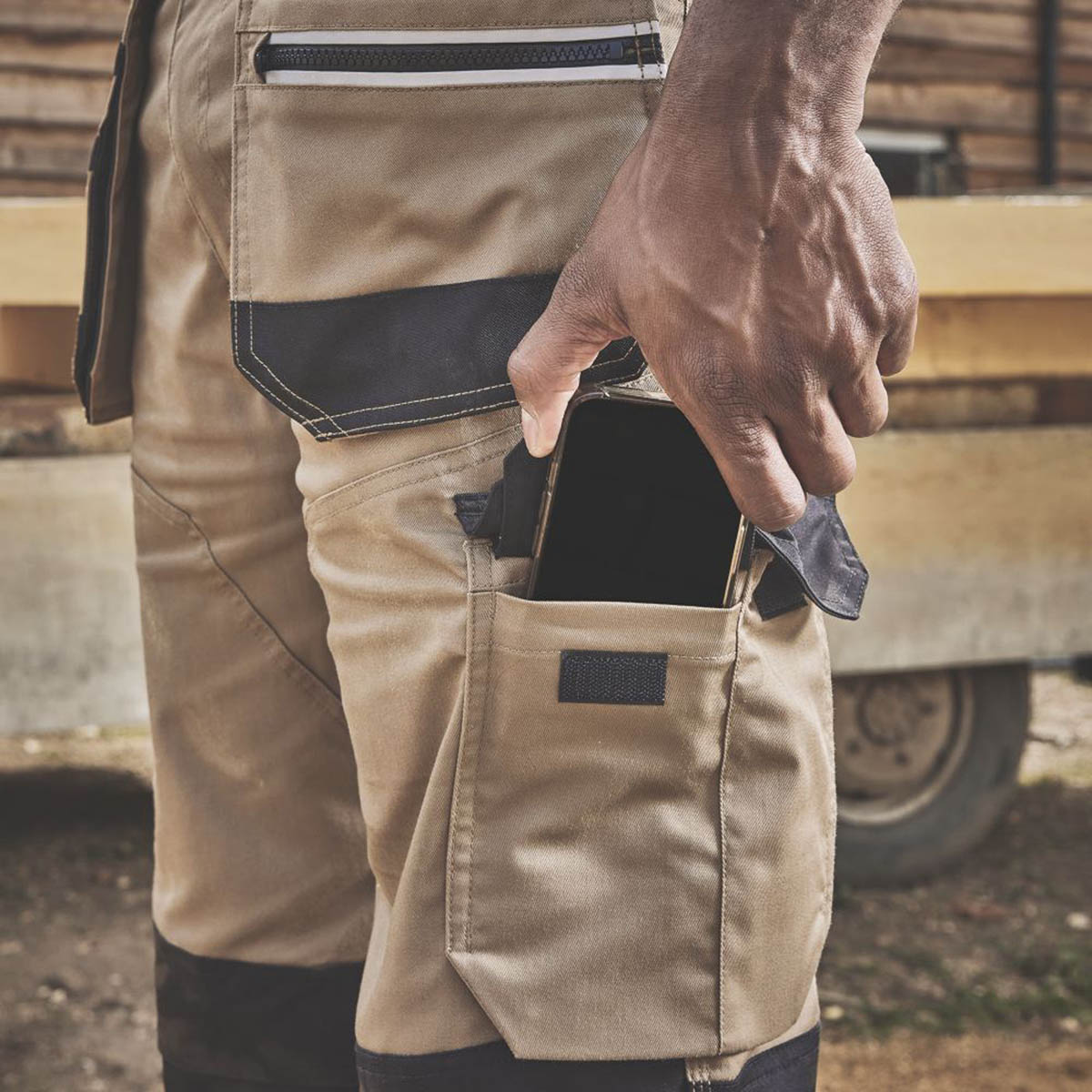 Site Mens Work Trousers Tan Black Stretch Cargo Holster Pockets 34" W 32" L - Image 4