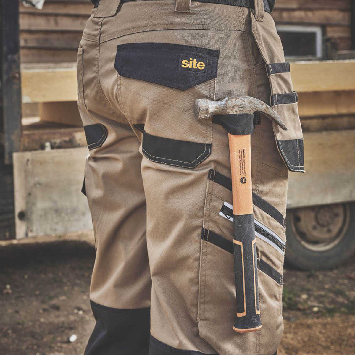 Site Mens Work Trousers Tan Black Stretch Cargo Holster Pockets 34" W 32" L - Image 5