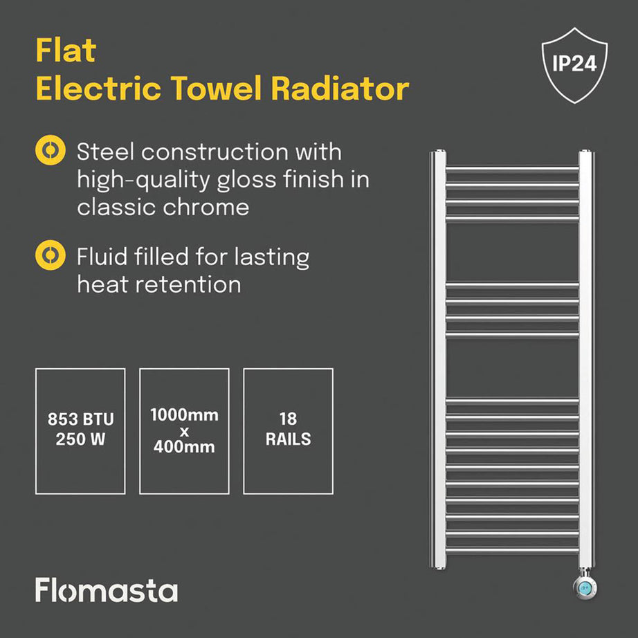 Flomasta Electric Towel Rail Radiator Chrome Flat Bathroom Warmer (H)100x(W)40cm - Image 4