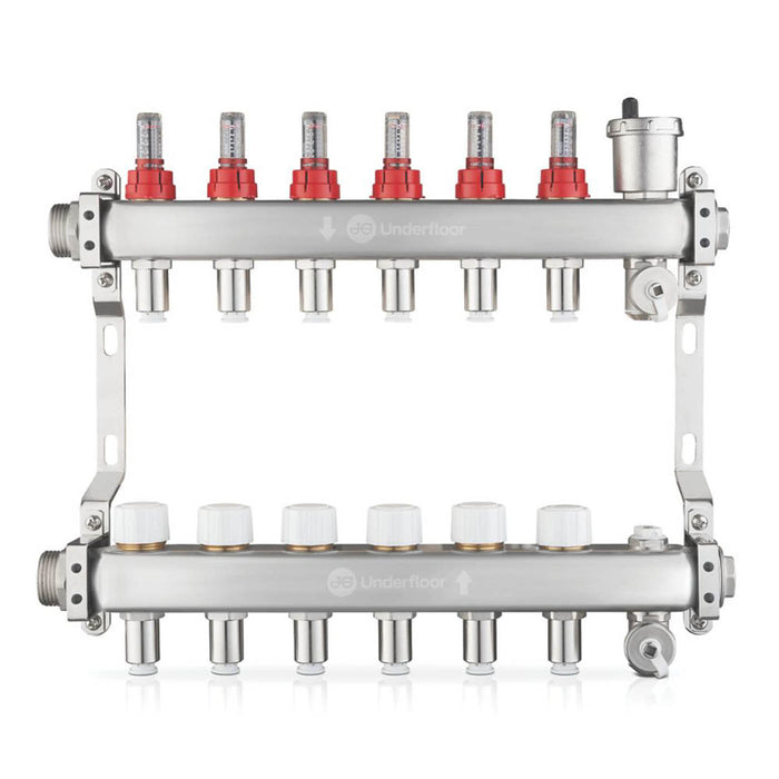 JG Underfloor Heating Manifold LowFit 6 Port Brushed Steel Push-Fit Connection - Image 1