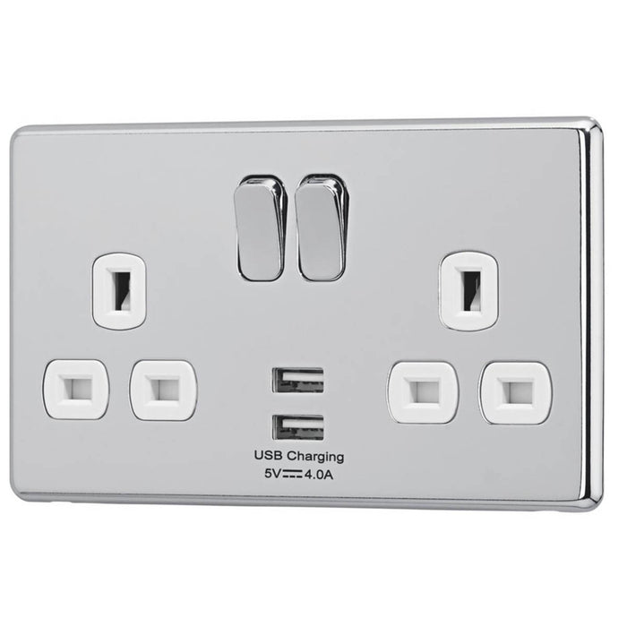 Switched Socket 13A 2 Gang SP 4A 15W 2 Outlet Type A USB Charger Polished Chrome - Image 1