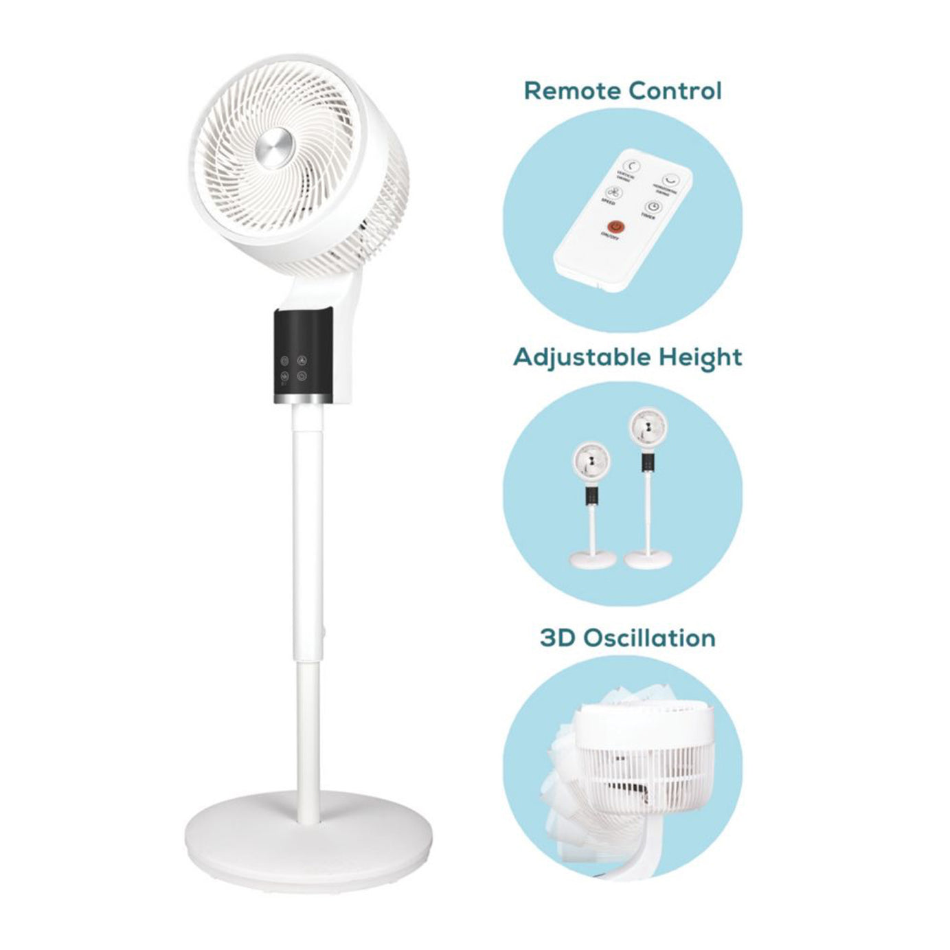 TCP Pedestal Fan LED Display 255mm White Silver 3 Speed Timer Adjustable Height - Image 5