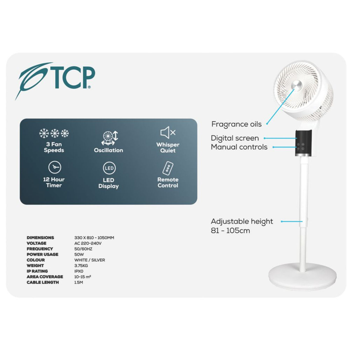 TCP Pedestal Fan LED Display 255mm White Silver 3 Speed Timer Adjustable Height - Image 6